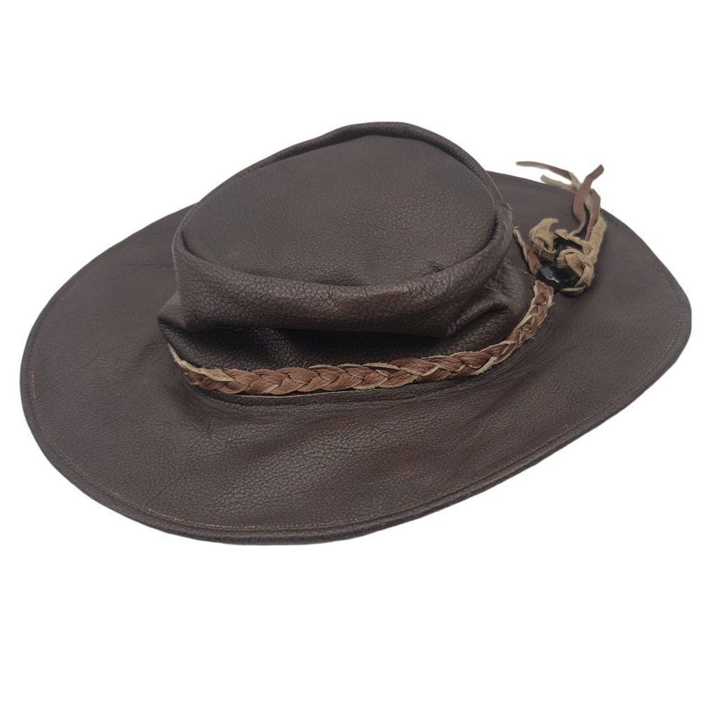 Vtg Men's Hat Cowboy Safari Rodeo Unisex Brown Distress Leather‎ Braided Band S - Picture 5 of 7